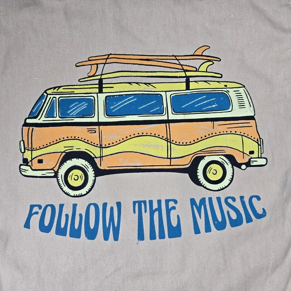 American Eagle Canvas Tote Bag Follow The Music Van Surfboard Graphic‎ Beige